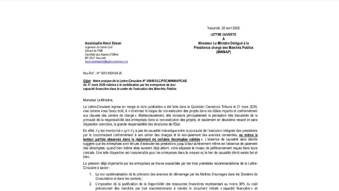 Lettre ouverte au MINMAP, 2 avril 2026